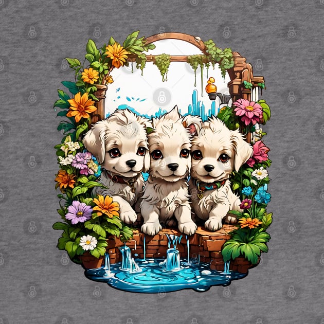 Three White Puppies playing in the mystic garden by Neon City Bazaar